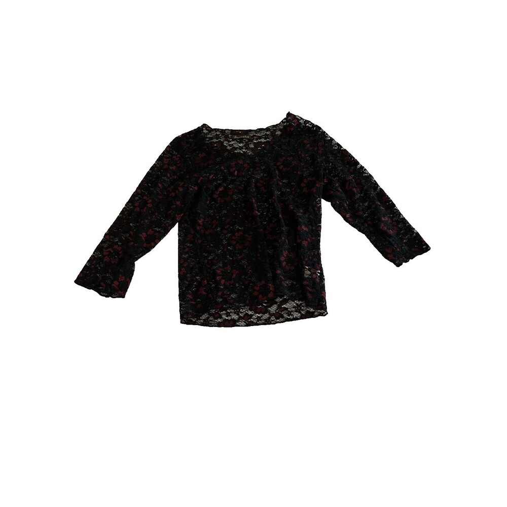 Y2K Surrealist Floral Lace Top - Black & Red, Long Sleeve, Size 2
